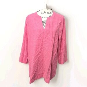 Land's End Women's Size L Linen Tunic‎ Blouse Beachy Top Pink V-Neck 3/4 Sleeve